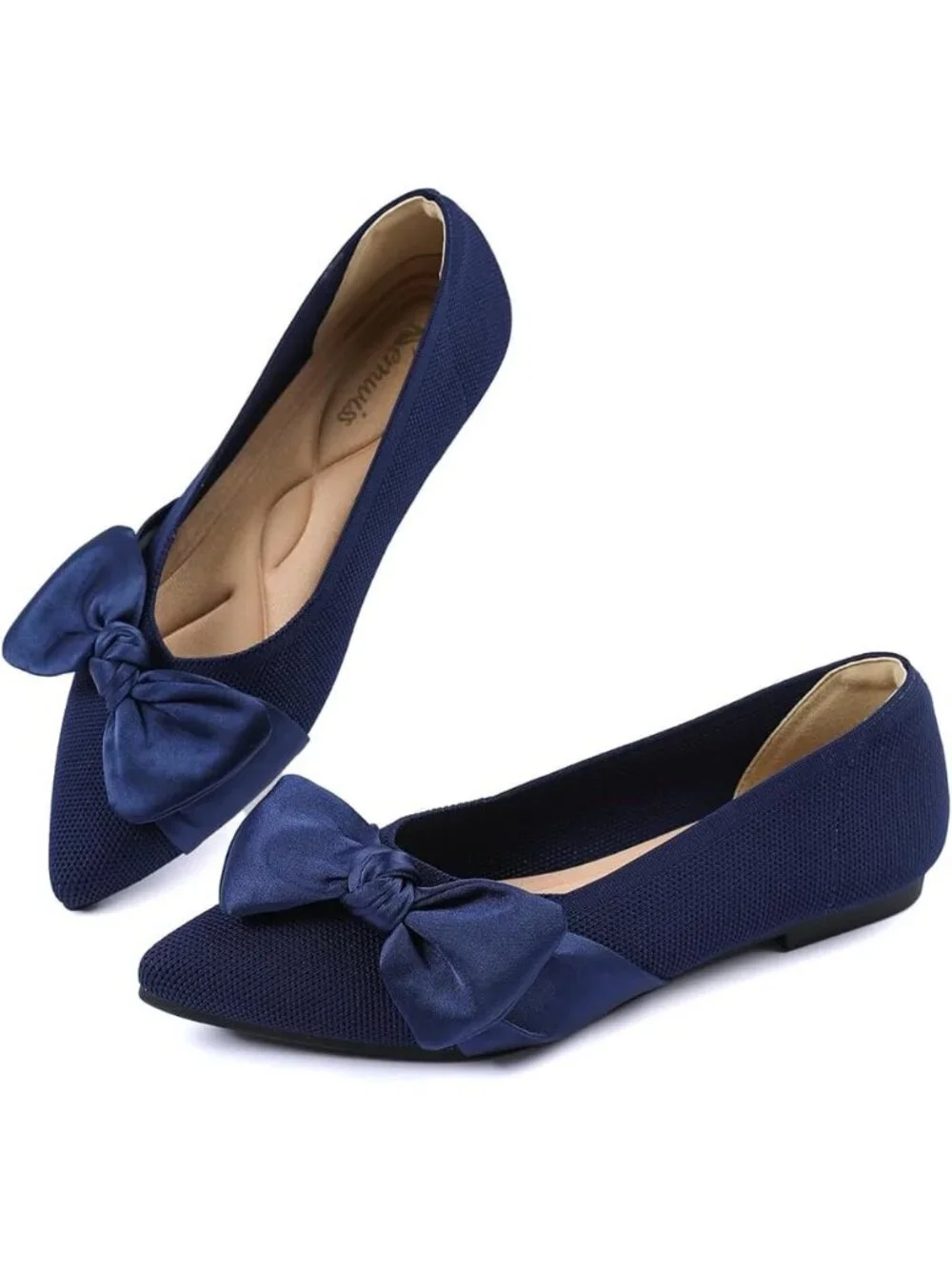 Women's Navy Mesh Pointed Toe Ballet Slip On Comfortable  Flats with Bow Shoes